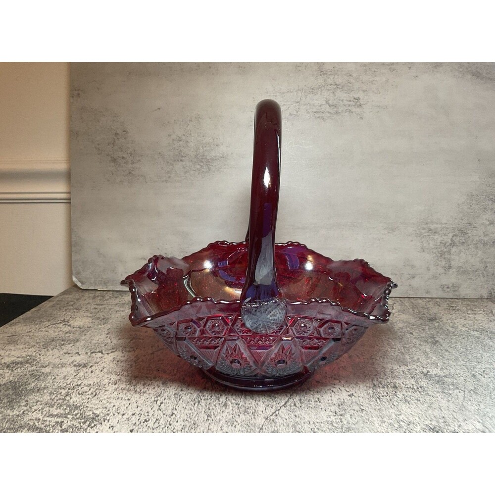 Vtg LE Smith Heritage Iridescent Ruby Red Carnival Glass Basket 9 X 9” Christmas